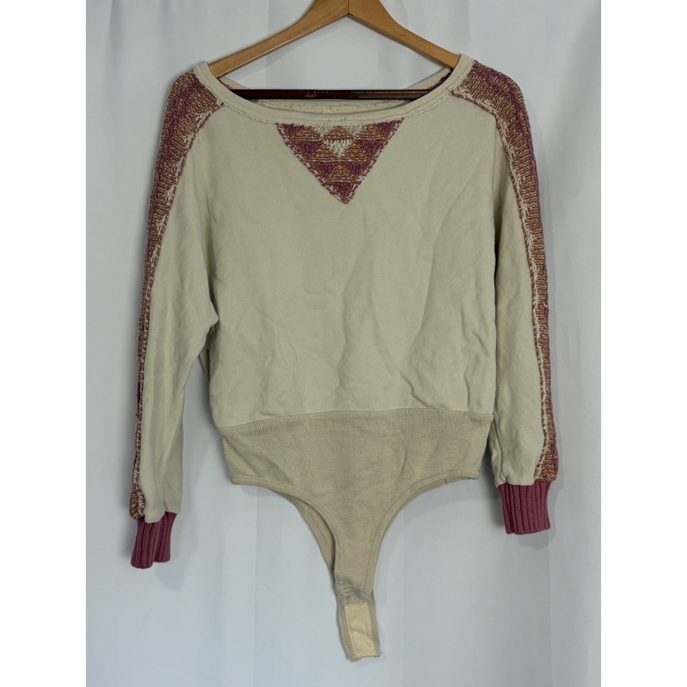 Intimately Free People Knit Tapestry Bodysuit Ivory Pink Long‎ Sleeve Small